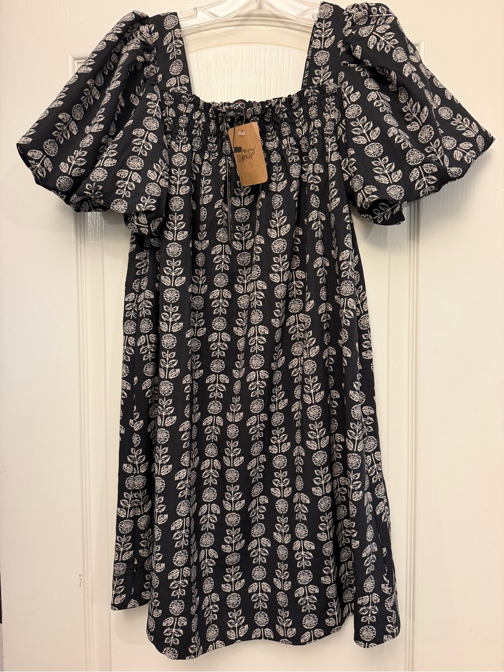 Block Print Black Floral Puff-Sleeve Dress